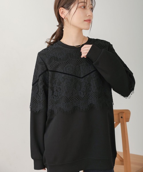 Bou Jeloud(ブージュルード)の「レースドッキングデザイントップス(Tシャツ/カットソー・レディース・ブラック/アイボリー・FREE)」の3枚目の写真