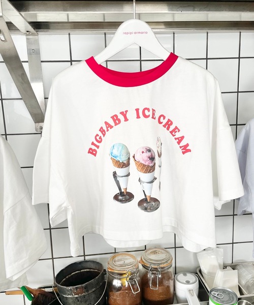 repipi armario(レピピ アルマリオ)の「【BIG BABY ICE CREAM】テンシャリンガーTシャツ【接触冷感】(Tシャツ/カットソー・キッズ・ホワイト×レッド/ホワイト×ブルー/サックスブルー・MEDIUM/LARGE)」の2枚目の写真