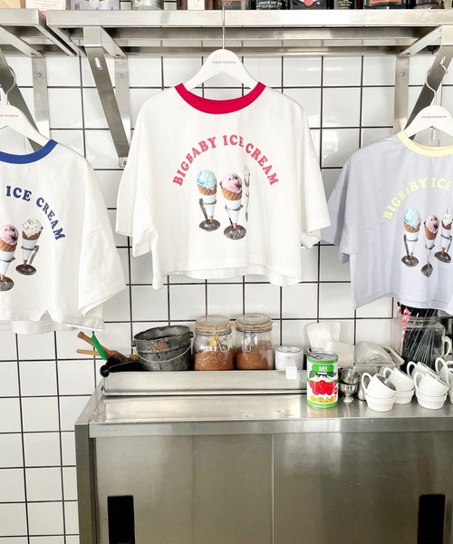repipi armario(レピピ アルマリオ)の「【BIG BABY ICE CREAM】テンシャリンガーTシャツ【接触冷感】(Tシャツ/カットソー・キッズ・ホワイト×レッド/ホワイト×ブルー/サックスブルー・MEDIUM/LARGE)」の4枚目の写真