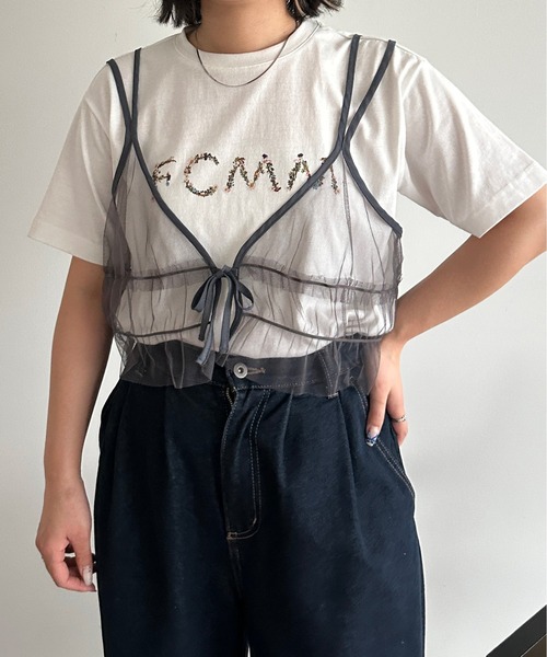 kutir（クティール）の「チュールリボンキャミビスチェ（ベスト・レディース・チャコールグレー/ブラック/ブルー/グリーン/アイボリー・FREE）」の4枚目の写真