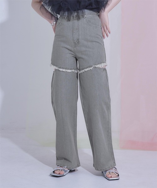 miette（ミエット）の「サイドスリットダメージデニム（デニムパンツ・レディース・ブルー系その他/ブラック/グレー・S）」の2枚目の写真