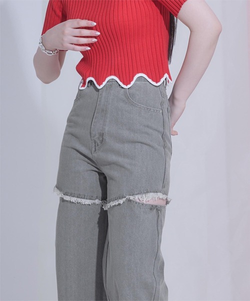 miette（ミエット）の「サイドスリットダメージデニム（デニムパンツ・レディース・ブルー系その他/ブラック/グレー・S）」の7枚目の写真