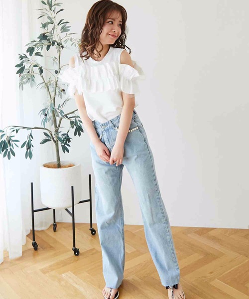 M y u（ミュー）の「フリル×チュール オープンショルダー TOPS（Tシャツ/カットソー・レディース・ブラック/ホワイト・SM/ML）」の9枚目の写真