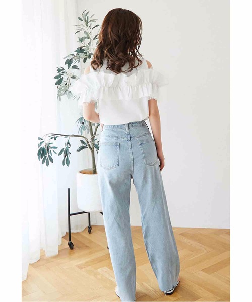 M y u（ミュー）の「フリル×チュール オープンショルダー TOPS（Tシャツ/カットソー・レディース・ブラック/ホワイト・SM/ML）」の6枚目の写真