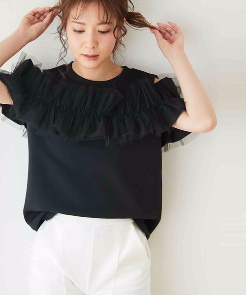 M y u（ミュー）の「フリル×チュール オープンショルダー TOPS（Tシャツ/カットソー・レディース・ブラック/ホワイト・SM/ML）」の20枚目の写真