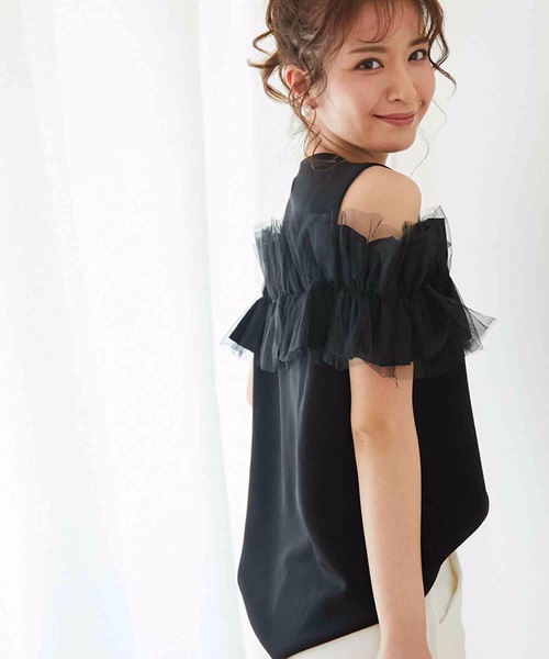 M y u（ミュー）の「フリル×チュール オープンショルダー TOPS（Tシャツ/カットソー・レディース・ブラック/ホワイト・SM/ML）」の18枚目の写真