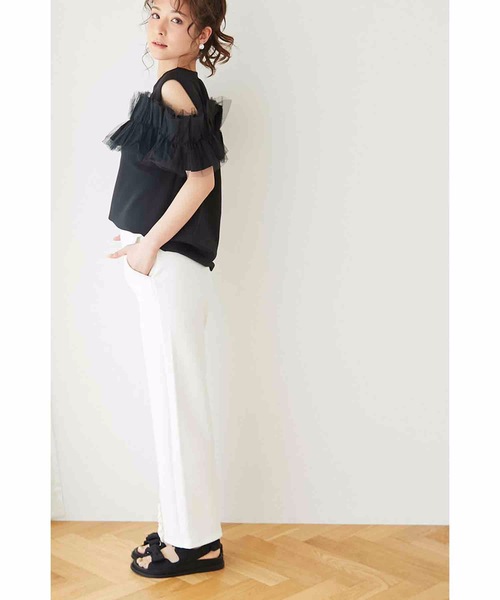 M y u（ミュー）の「フリル×チュール オープンショルダー TOPS（Tシャツ/カットソー・レディース・ブラック/ホワイト・SM/ML）」の17枚目の写真