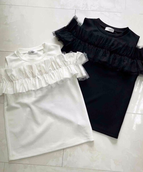 M y u（ミュー）の「フリル×チュール オープンショルダー TOPS（Tシャツ/カットソー・レディース・ブラック/ホワイト・SM/ML）」の16枚目の写真