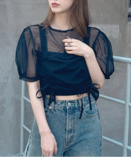 INGNI（イング）の「チュールドロストトップス（シャツ/ブラウス・レディース・オフホワイト/ピンクベージュ/ブラック・M）」の3枚目の写真