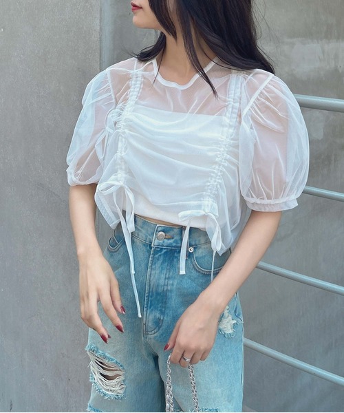 INGNI（イング）の「チュールドロストトップス（シャツ/ブラウス・レディース・オフホワイト/ピンクベージュ/ブラック・M）」の6枚目の写真