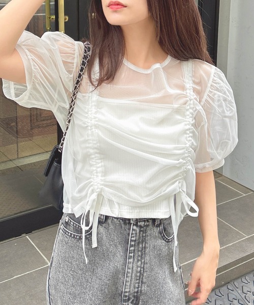 INGNI（イング）の「チュールドロストトップス（シャツ/ブラウス・レディース・オフホワイト/ピンクベージュ/ブラック・M）」の4枚目の写真