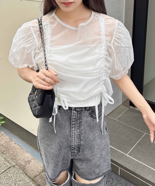 INGNI（イング）の「チュールドロストトップス（シャツ/ブラウス・レディース・オフホワイト/ピンクベージュ/ブラック・M）」の5枚目の写真