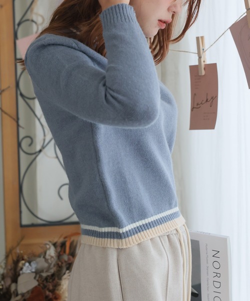 Girly Doll（ガーリードール）の「クルーネックマルチカラーニット（ニット/セーター・レディース・ブラック/ブルー/ベージュ・F）」の9枚目の写真