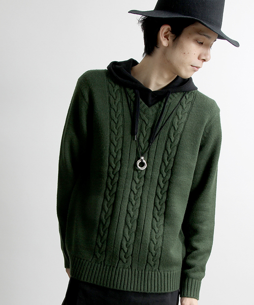 WEGO（ウィゴー）の「◆WEGO/ケーブルVネックニット（ニット/セーター・メンズ・グリーン/マスタード/オフホワイト/ブラック・MEDIUM/LARGE）」の4枚目の写真