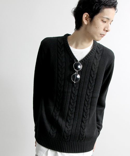 WEGO（ウィゴー）の「◆WEGO/ケーブルVネックニット（ニット/セーター・メンズ・グリーン/マスタード/オフホワイト/ブラック・MEDIUM/LARGE）」の3枚目の写真