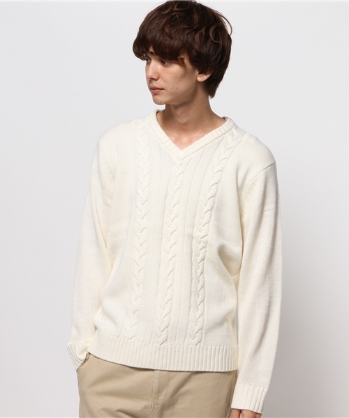 WEGO（ウィゴー）の「◆WEGO/ケーブルVネックニット（ニット/セーター・メンズ・グリーン/マスタード/オフホワイト/ブラック・MEDIUM/LARGE）」の16枚目の写真