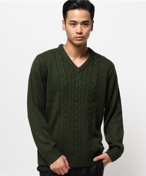 WEGO（ウィゴー）の「◆WEGO/ケーブルVネックニット（ニット/セーター・メンズ・グリーン/マスタード/オフホワイト/ブラック・MEDIUM/LARGE）」の13枚目の写真