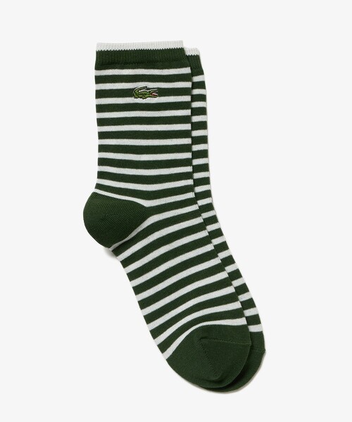 LACOSTE（ラコステ）の「ナローピッチボーダーリブニットソックス 22-24cm（ソックス/靴下・レディース・グリーン/オフホワイト・24.0cm）」の2枚目の写真