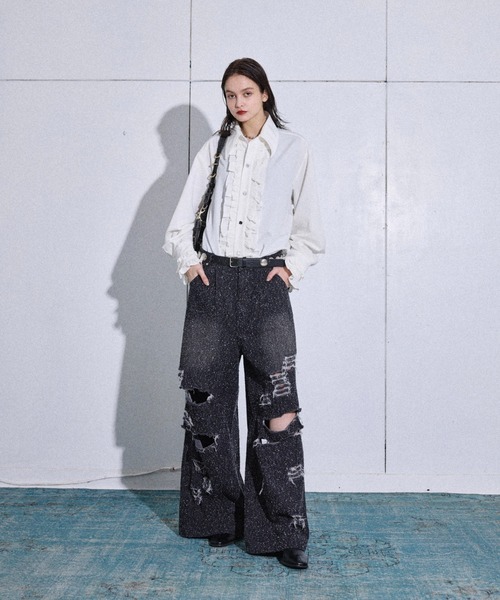 セール】Wide straight damage nep denim pants / ワイドストレート