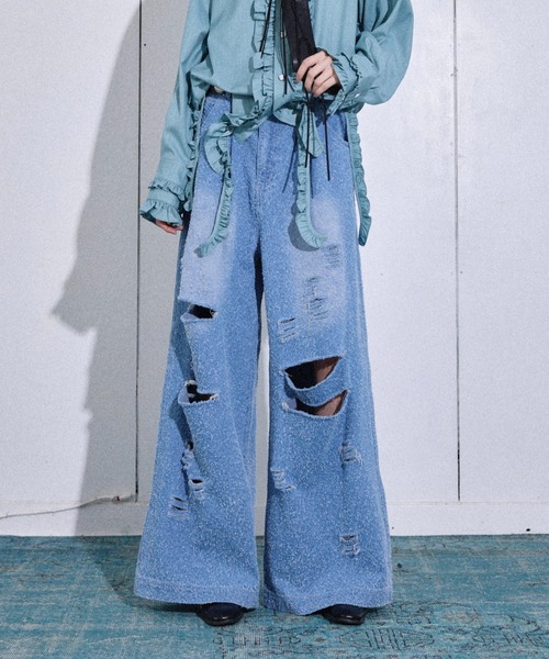 INSTANTFUNK★Damaged Wide Pants★ワイドで楽なDenim★人気 INSTANTFUNK☆Damaged Wide Pants☆ワイドで楽なDenim☆人気