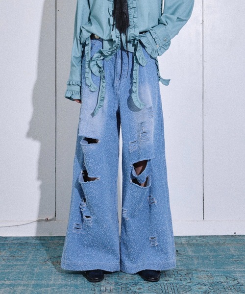 Wide straight damage nep denim pants / ワイドストレート