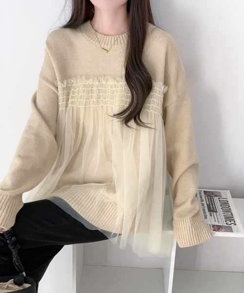 by LEGNA（バイレグナ）の「ビスチェをレイヤードしたようなデザイン。チュールドッキングプルオーバー（ニット/セーター・レディース・ブラック/アイボリー/グレー/ブルー/ピンク/ベージュ・FREE）」の3枚目の写真