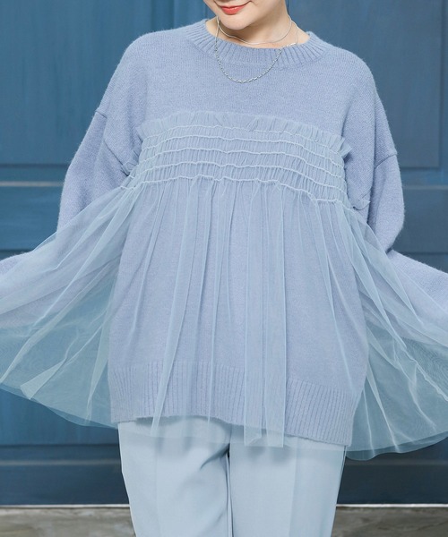 by LEGNA（バイレグナ）の「ビスチェをレイヤードしたようなデザイン。チュールドッキングプルオーバー（ニット/セーター・レディース・ブラック/アイボリー/グレー/ブルー/ピンク/ベージュ・FREE）」の5枚目の写真