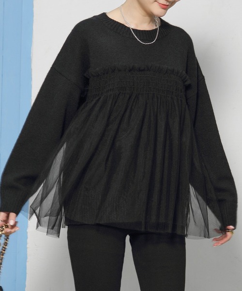 by LEGNA（バイレグナ）の「ビスチェをレイヤードしたようなデザイン。チュールドッキングプルオーバー（ニット/セーター・レディース・ブラック/アイボリー/グレー/ブルー/ピンク/ベージュ・FREE）」の7枚目の写真