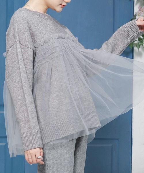 by LEGNA（バイレグナ）の「ビスチェをレイヤードしたようなデザイン。チュールドッキングプルオーバー（ニット/セーター・レディース・ブラック/アイボリー/グレー/ブルー/ピンク/ベージュ・FREE）」の11枚目の写真