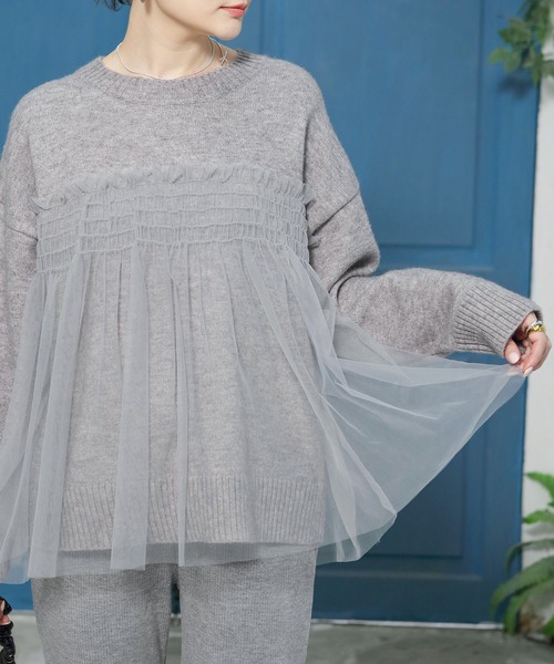 by LEGNA（バイレグナ）の「ビスチェをレイヤードしたようなデザイン。チュールドッキングプルオーバー（ニット/セーター・レディース・ブラック/アイボリー/グレー/ブルー/ピンク/ベージュ・FREE）」の12枚目の写真