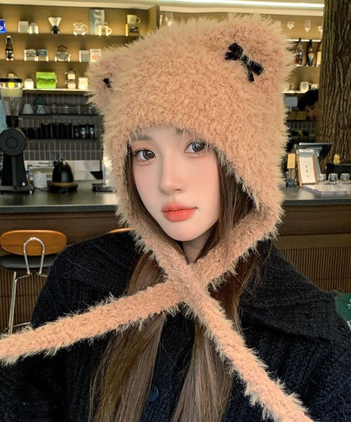 SPIGA（スピーガ）の「シャギーリボンモチーフ猫耳ひも付帽子（ニットキャップ/ビーニー・レディース・ピンク/ベージュ/アイボリー/ブラック・FREE）」の3枚目の写真