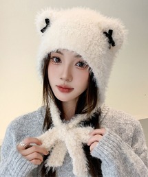 SPIGA | シャギーリボンモチーフ猫耳ひも付帽子(ニットキャップ/ビーニー)