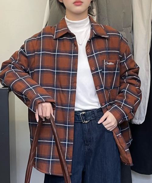 セール】コットンチェックシャツジャケット/中綿入りシャツ/チェック