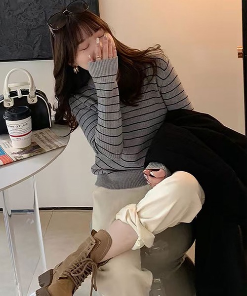Girly Doll（ガーリードール）の「裏起毛ボーダーニット（ニット/セーター・レディース・モカ/ホワイト/グレー/ブラック/ベージュ・F）」の11枚目の写真