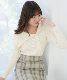 ビッグカラーボタンオフショルニット