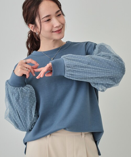 DRESKIP（ドレスキップ）の「【S-LL】お袖ドットチュール切り替えトップス（Tシャツ/カットソー・レディース・ブルー系その他/アイボリー/チャコールグレー・03/02/01/04）」の3枚目の写真