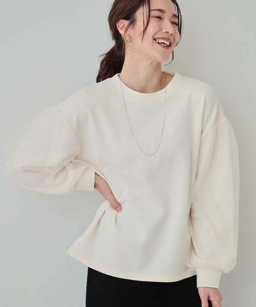 DRESKIP（ドレスキップ）の「【S-LL】お袖ドットチュール切り替えトップス（Tシャツ/カットソー・レディース・ブルー系その他/アイボリー/チャコールグレー・03/02/01/04）」の2枚目の写真