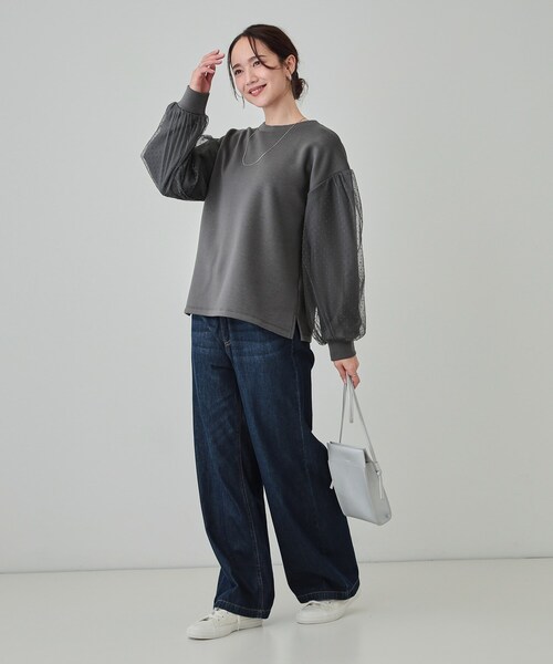 DRESKIP（ドレスキップ）の「【S-LL】お袖ドットチュール切り替えトップス（Tシャツ/カットソー・レディース・ブルー系その他/アイボリー/チャコールグレー・03/02/01/04）」の10枚目の写真