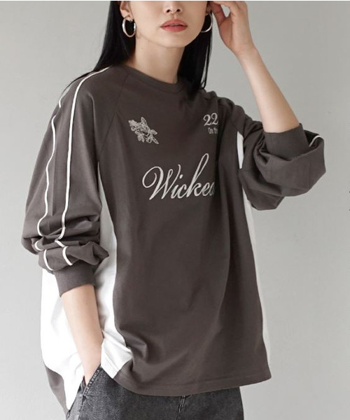 e-zakkamania stores(イーザッカマニアストアーズ)の「ロゴステッチゲームシャツ BIGロンT(Tシャツ/カットソー・レディース・アッシュブラウン/オフホワイト・フリー)」の6枚目の写真