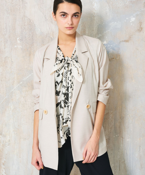 極美品　セオリー　エコシャークスキン　麻　ダブル　テーラードジャケット　ベージュ 極美品 セオリー エコシャークスキン 麻 ダブル テーラードジャケット