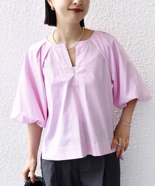 【美品】トレフルプラスワン　袖バルーンブラウス　ストライプ セール】〈手洗い可能〉ストライプ バルーン ブラウス（シャツ