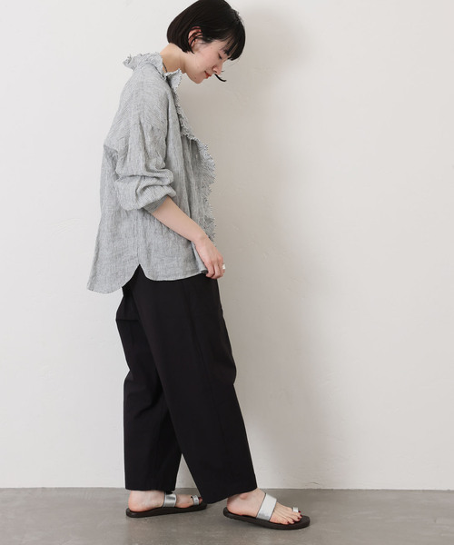 journal standard luxe リネンストライプ フリルブラウス リネンストライプ フリルブラウス（シャツ／ブラウス）｜journal