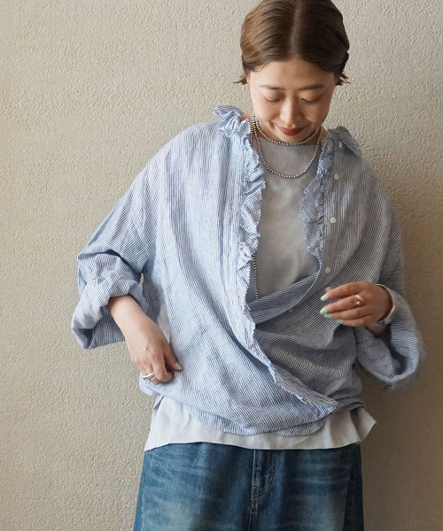 リネンストライプ フリルブラウス（シャツ/ブラウス）｜JOURNAL