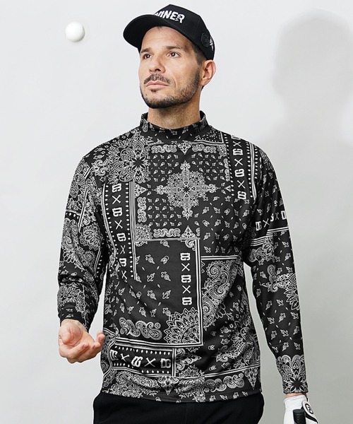 DIVINER GOLF】ペイズリー柄ストレッチモックネックロンT メンズ 長袖T