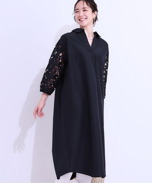 SHOO・LA・RUE（シューラルー）の「お袖レースが上品な シャツワンピース（ワンピース・レディース・オフホワイト/ネイビー・01/02/03/04）」の2枚目の写真