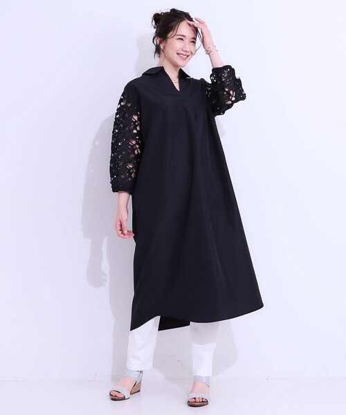 SHOO・LA・RUE（シューラルー）の「お袖レースが上品な シャツワンピース（ワンピース・レディース・オフホワイト/ネイビー・01/02/03/04）」の9枚目の写真