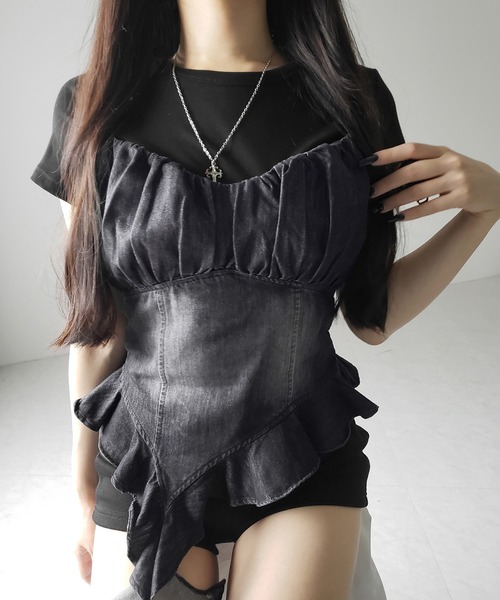 アンサンブル 「 ２点セット 」ヴィンテージデニムビスチェ ＆ 半袖レイヤードＴシャツセット ／ vintage denim bustier ＆ sh 2点セット 】ヴィンテージデニムビスチェ ＆ 半袖レイヤードT