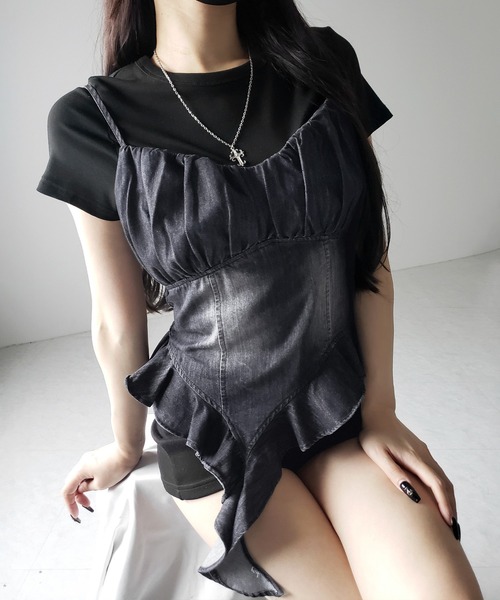 me+em select(ミームセレクト)の「※※【 2点セット 】ヴィンテージデニムビスチェ & 半袖レイヤードTシャツセット / vintage denim bustier & short sleeve layered T-shirts set(アンサンブル・レディース・ブラック/ホワイト・FREE)」の21枚目の写真