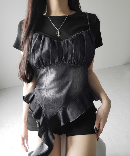 me+em select(ミームセレクト)の「※※【 2点セット 】ヴィンテージデニムビスチェ & 半袖レイヤードTシャツセット / vintage denim bustier & short sleeve layered T-shirts set(アンサンブル・レディース・ブラック/ホワイト・FREE)」の22枚目の写真