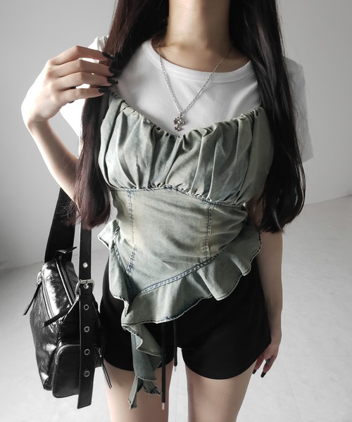 me+em select(ミームセレクト)の「※※【 2点セット 】ヴィンテージデニムビスチェ & 半袖レイヤードTシャツセット / vintage denim bustier & short sleeve layered T-shirts set(アンサンブル・レディース・ブラック/ホワイト・FREE)」の7枚目の写真